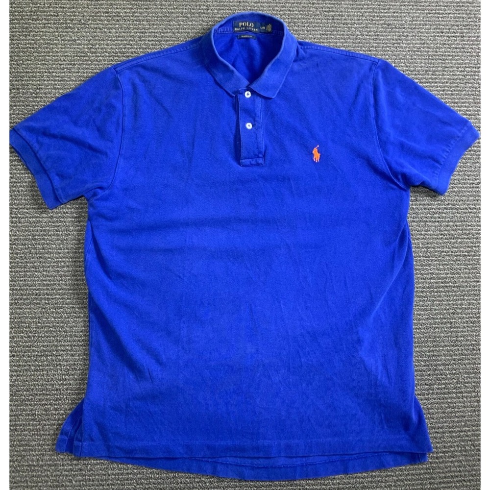 Polo Ralph Lauren Mens Polo Shirt Large Blue Orange Logo Golf Classic Fit Mesh